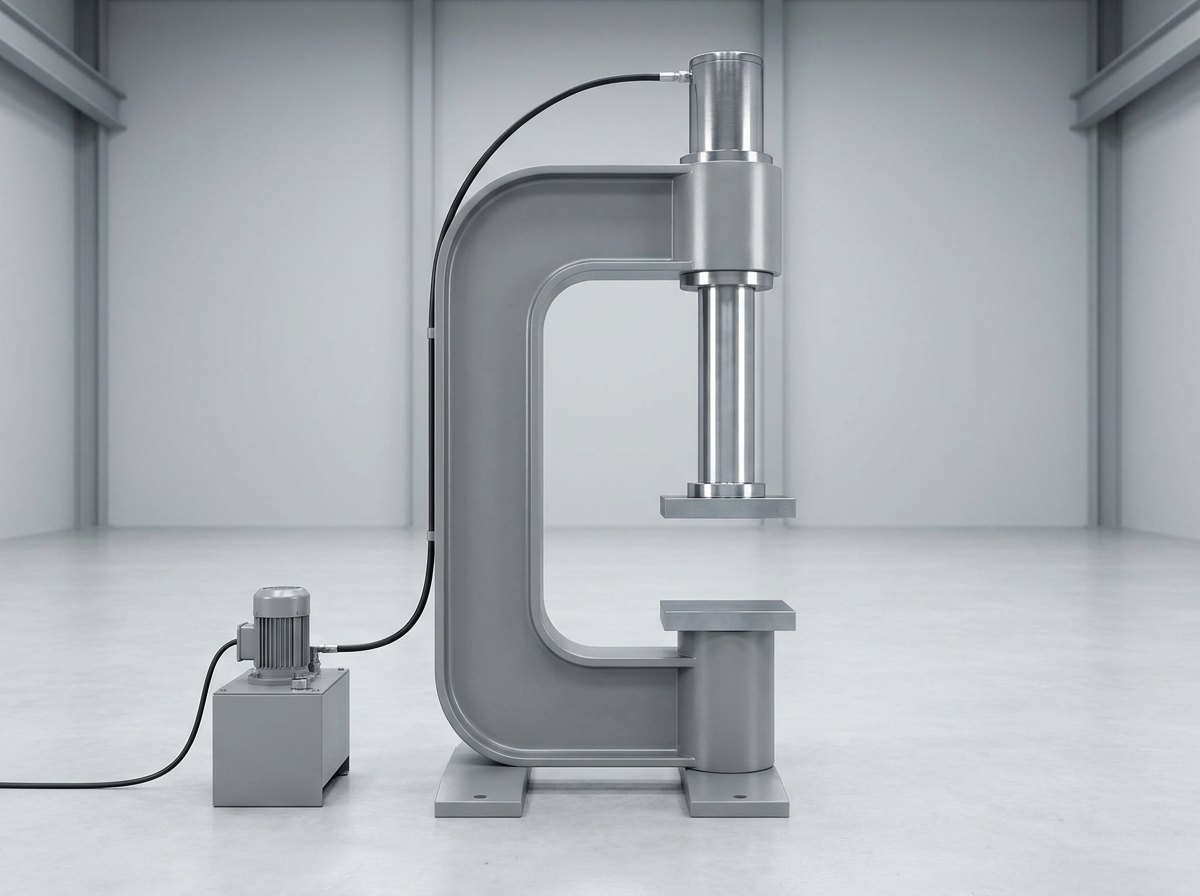 A single C-frame hydraulic press: a heavy grey C-shaped frame open at the front, a vertical cylinder at the top with a bright ram and a flat upper tool plate, a flat lower bolster on the lower arm with nothing between them, and a small grey power unit with an electric motor and a black hose beside it, and no people