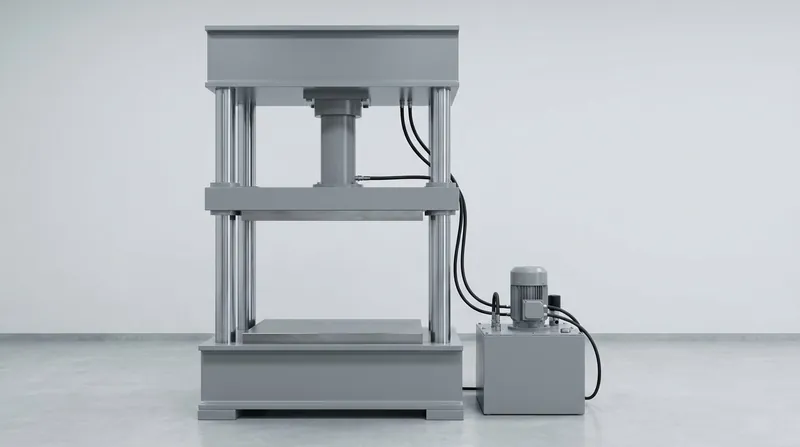 A single four-column hydraulic press on a workshop floor: a heavy grey base bed, four bright polished columns, a grey top crown carrying one vertical cylinder, a moving platen above a flat lower platen with nothing between them, and a plain grey power unit with an electric motor and two black hoses beside it, and no people