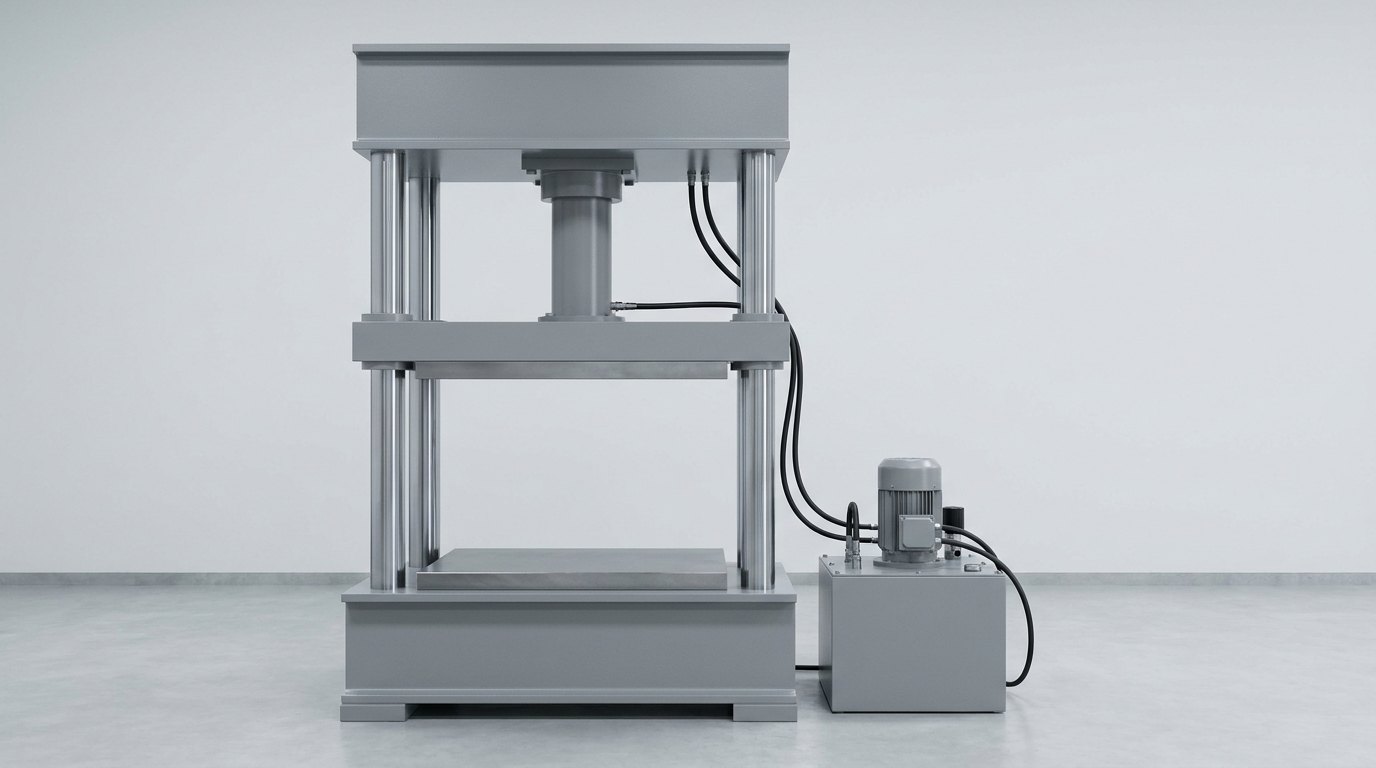 A single four-column hydraulic press on a workshop floor: a heavy grey base bed, four bright polished columns, a grey top crown carrying one vertical cylinder, a moving platen above a flat lower platen with nothing between them, and a plain grey power unit with an electric motor and two black hoses beside it, and no people