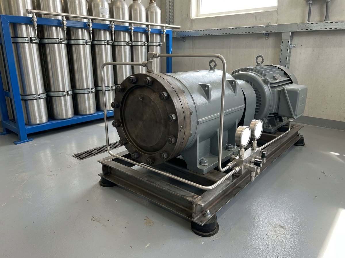Illustrative image, not a delivered installation — a high-pressure hydrogen compression and storage skid: an enclosed diaphragm compressor with a heavy circular process head clamped by a ring of hex studs, close-coupled to an electric motor on a welded steel base frame with anti-vibration mounts, small-bore stainless high-pressure tubing running to a valve manifold with two plain gauges, and a rack of tall polished storage cylinders strapped alongside