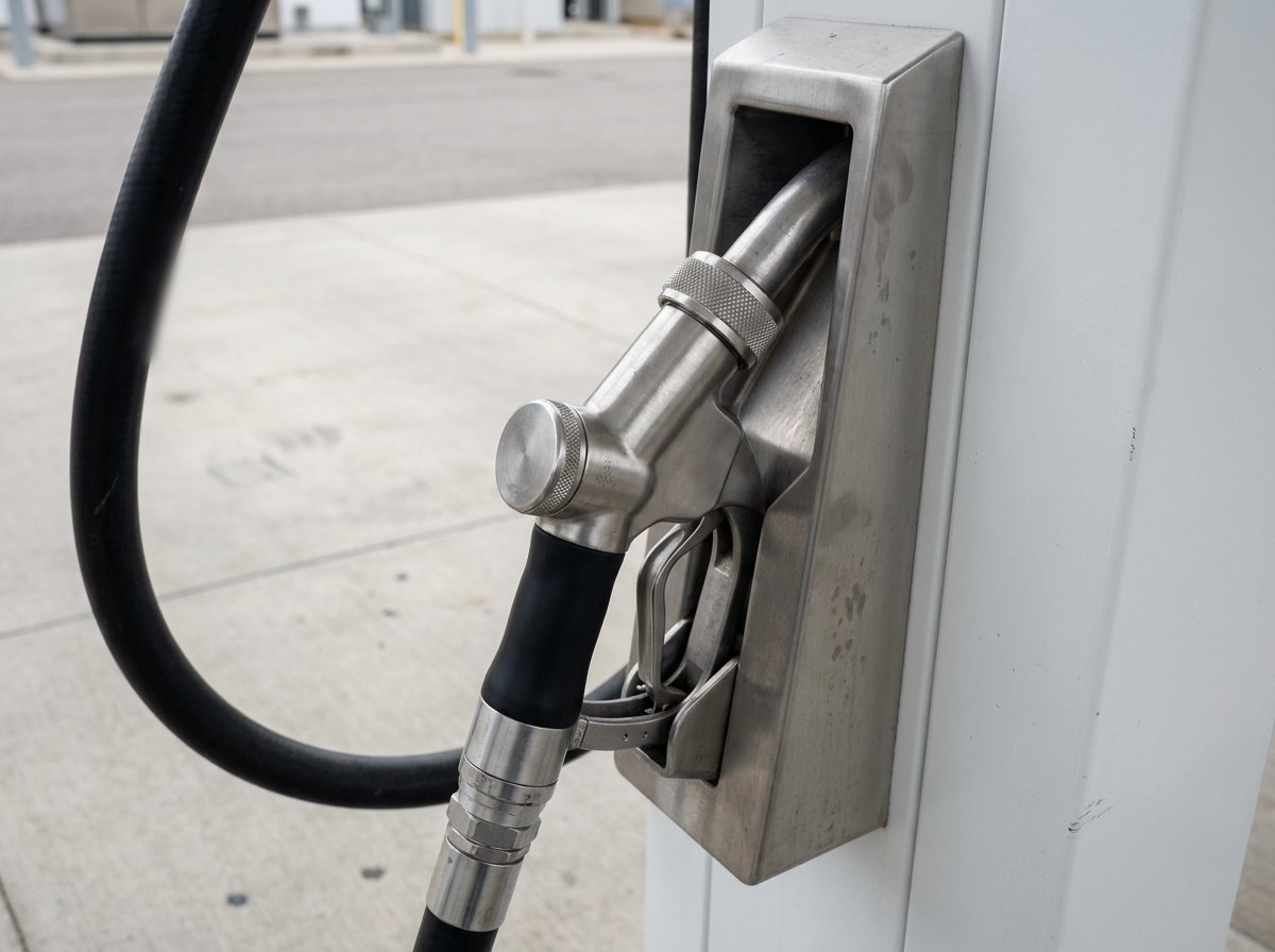 Illustrative image, not a delivered installation — close-up of a hydrogen fuelling nozzle and dispenser hose: a heavy machined stainless nozzle with a locking collar and insulated grip held in its holster on the dispenser column, with a thick armoured fuelling hose looping down and a plain blank display panel above