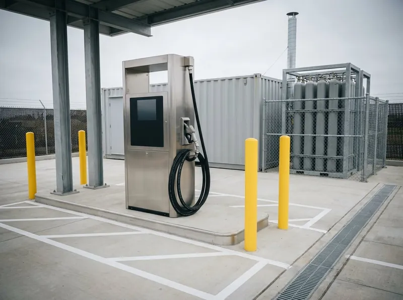 Illustrative image, not a delivered installation — a hydrogen refuelling station forecourt: a tall stainless dispenser column with a coiled fuelling hose and holstered nozzle standing under a plain canopy on a clean concrete apron, with a windowless equipment container and a bank of vertical high-pressure storage cylinders behind a mesh guard rail in the background