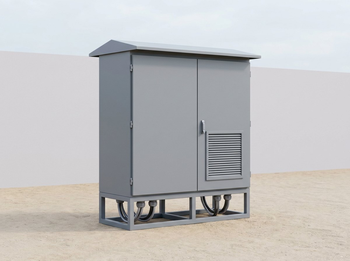A weatherproof grey steel equipment cabinet with two closed doors, a louvred ventilation panel, a sun shield and armoured cables entering from below on a steel base frame, and no people