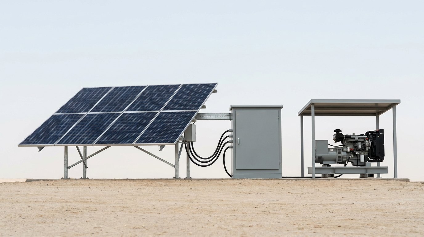 A hybrid power installation on level ground: a tilted solar array on a steel frame, a grey weatherproof equipment enclosure joined to it by armoured cables, and a diesel generator set under a plain canopy, and no people