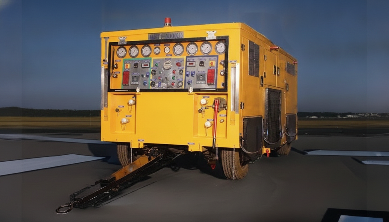 Neometrix Hydraulic Servicing Trolley HST 300U — mobile aircraft hydraulic ground support unit with gauge and control panel, towbar, and dual-wheel chassis on airfield apron