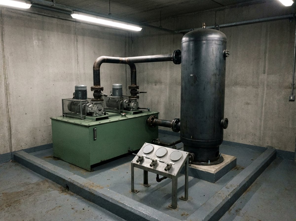 Illustrative image, not a delivered system — an oil pressure unit in an industrial plant room: a tall vertical cylindrical steel accumulator vessel about two metres high standing on a bolted plinth beside a low green rectangular oil reservoir carrying two motor and pump sets under mesh guards on its lid, thick suction and return pipework looping between tank and vessel, a small local valve stand with plain blank-faced indicators in front, bunded painted floor, plain concrete walls, no people and no markings