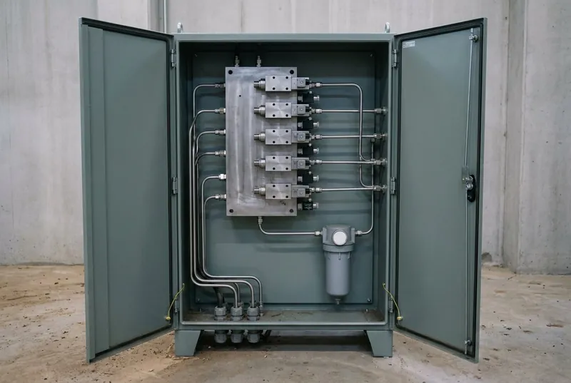 Illustrative image, not a delivered system — a tall painted steel hydraulic control cabinet standing with both front doors open in a concrete powerhouse: inside, a large machined steel manifold block carries a vertical stack of solenoid and proportional control valves, polished stainless tube runs sweep from the manifold to bulkhead fittings along the cabinet side, a cylindrical filter housing is mounted low on the back panel with a plain blank-faced indicator beside it, cable glands enter the base, bare concrete wall behind, no people and no markings