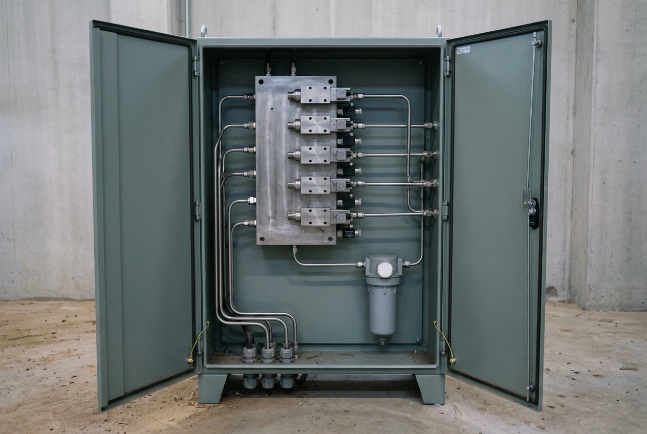 Illustrative image, not a delivered system — a tall painted steel hydraulic control cabinet standing with both front doors open in a concrete powerhouse: inside, a large machined steel manifold block carries a vertical stack of solenoid and proportional control valves, polished stainless tube runs sweep from the manifold to bulkhead fittings along the cabinet side, a cylindrical filter housing is mounted low on the back panel with a plain blank-faced indicator beside it, cable glands enter the base, bare concrete wall behind, no people and no markings