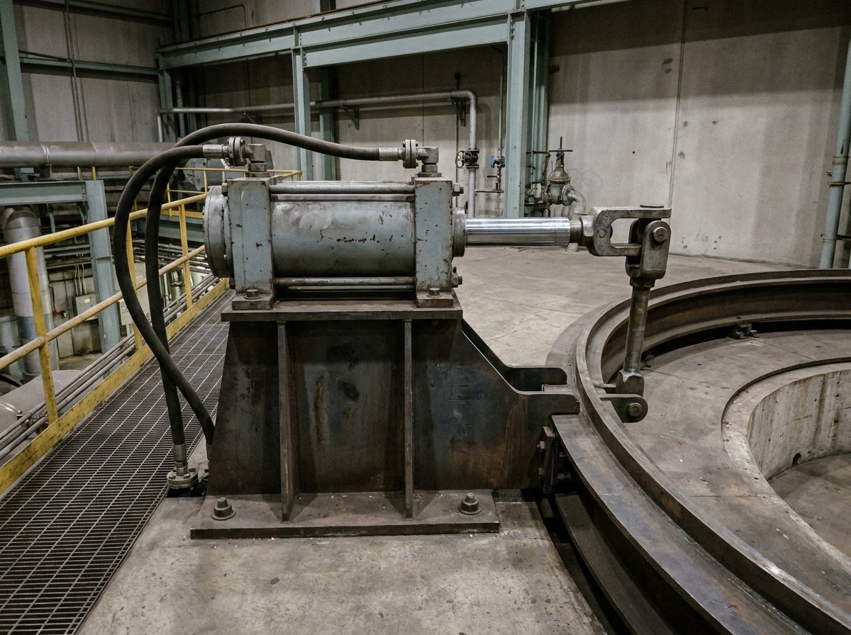 Illustrative image, not a delivered system — a large horizontal hydraulic servomotor cylinder mounted on a heavy fabricated steel pedestal at a turbine operating floor: the polished piston rod extends and connects through a forked clevis link to a lug on a segment of a broad curved steel regulating ring sweeping away around a circular pit, two thick hydraulic pipes run to the cylinder end caps, steel grating walkway and handrail beside it, painted industrial steelwork and plain concrete, no people and no markings