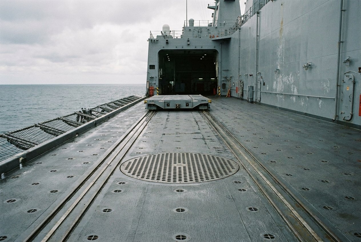 Illustrative image, not a delivered installation — the flight deck of a generic grey warship looking toward an open hangar: flush traversing rails running from a landing circle with a heavy perforated securing grid set into the deck, a low grey shuttle trolley parked on the rails, rows of tie-down points, no aircraft, no markings and no people