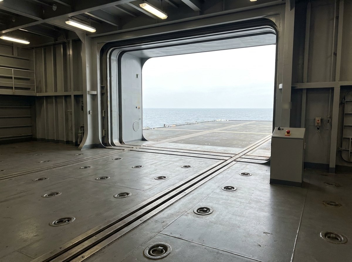 Illustrative image, not a delivered installation — inside a warship hangar looking out through the open door to the flight deck: traversing rails continuing across the sill, a control pedestal with a blank panel and emergency stop by the door frame, lashing rings in the floor and the grey deck and sea beyond, no aircraft and no people