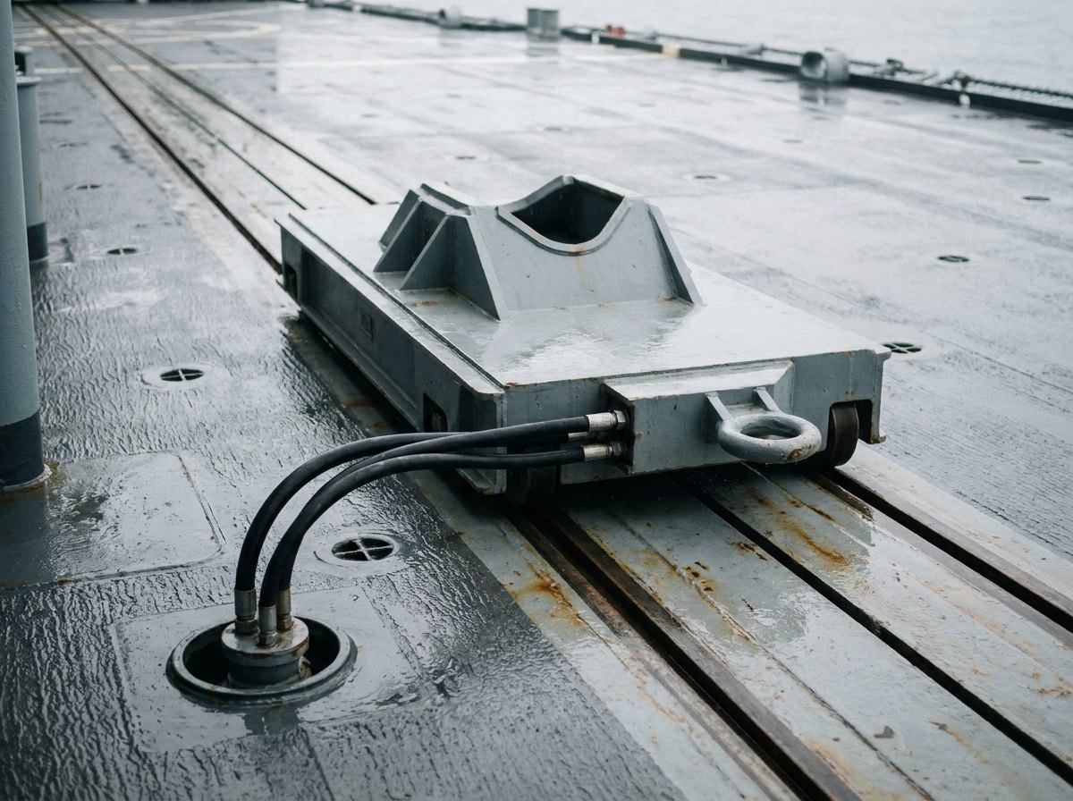 Illustrative image, not a delivered installation — close detail of a helicopter traversing shuttle on its flush deck rails: a low wide grey steel trolley with a central capture receptacle, guide rollers engaged in the rail slots, hydraulic hoses in a loom and a tow attachment point, wet deck around, no text and no people