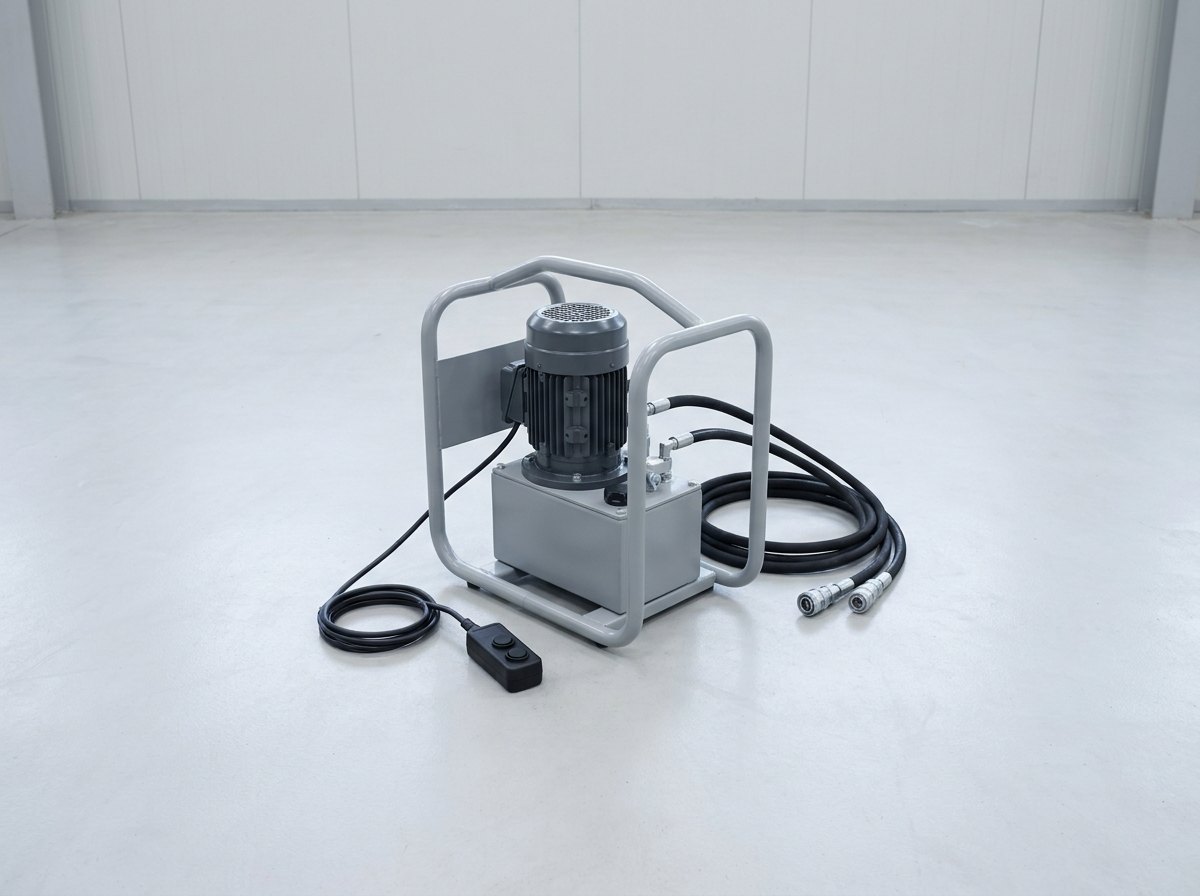 A single compact portable electric hydraulic pump unit on a workshop floor: a plain grey tube frame with a carry handle, a dark grey electric motor on a small grey reservoir, two black hoses with steel quick couplings coiled beside it, and a black cable to a small hand pendant with two plain buttons, and no people