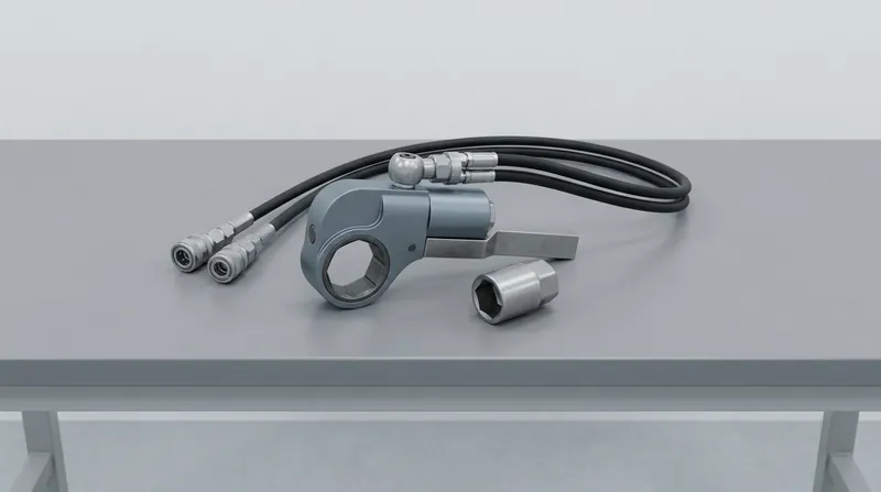 A single low-profile hydraulic torque wrench lying on a grey workshop bench: a grey-blue anodised aluminium body with a round hexagonal drive ring, a short flat steel reaction arm, a plain steel hexagon socket beside it, and a twin black hydraulic hose with two steel quick couplings, and no people