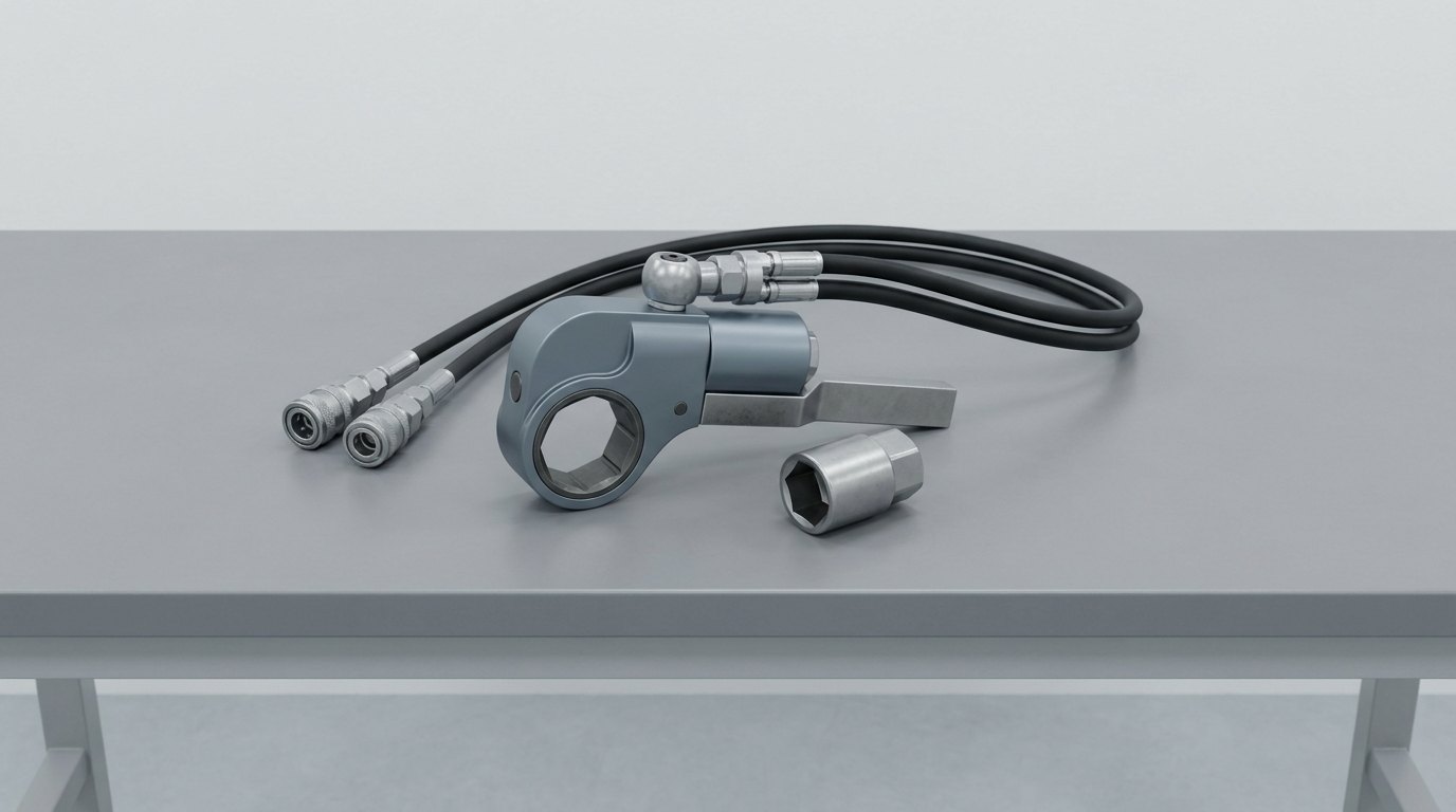 A single low-profile hydraulic torque wrench lying on a grey workshop bench: a grey-blue anodised aluminium body with a round hexagonal drive ring, a short flat steel reaction arm, a plain steel hexagon socket beside it, and a twin black hydraulic hose with two steel quick couplings, and no people