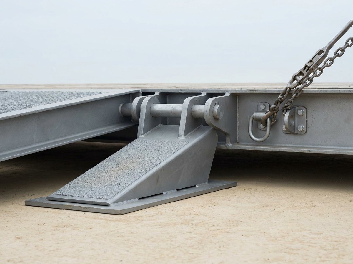 The fittings of a loading kit: the end of a steel ramp on a square bearing plate, a large connecting pin through lugs at the deck edge, and a steel lashing chain with a lever binder on an anchor fitting, and no people