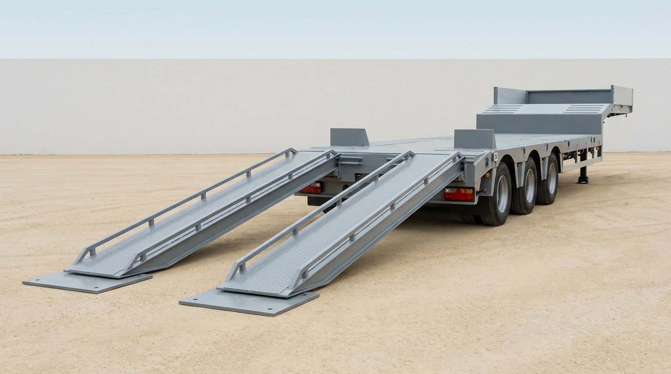 A heavy vehicle loading kit in place on an empty heavy-haul trailer: two long grey steel ramps with anti-skid surfaces and side rails rising from square steel bearing plates on the ground to the rear of the deck, with two stopper blocks on the deck, and no people