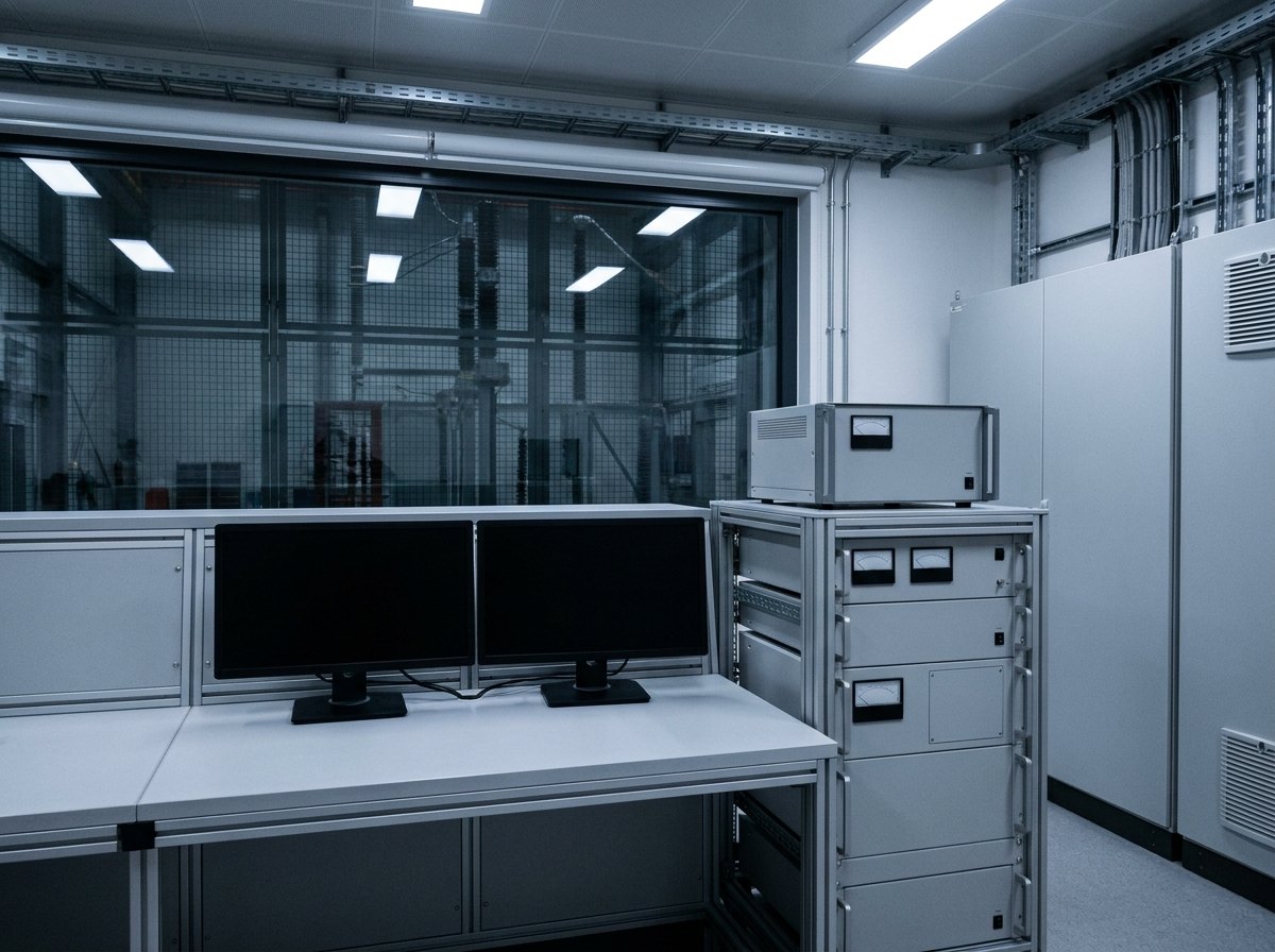 Illustrative image, not a delivered installation — the control and measurement room of a high-voltage laboratory: a control desk and racks of measurement instruments including an impulse analyser and a partial-discharge detector with plain dark screens, behind a screened wall, no text and no people