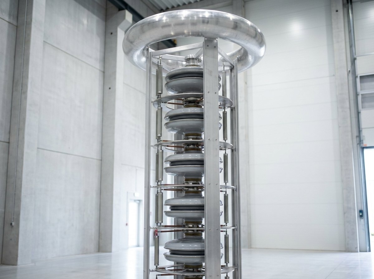 Illustrative image, not a delivered installation — a high-voltage impulse (Marx) generator: a tall vertical column of stacked capacitors, resistors and spark gaps in an open frame in a high-bay hall, no text and no people