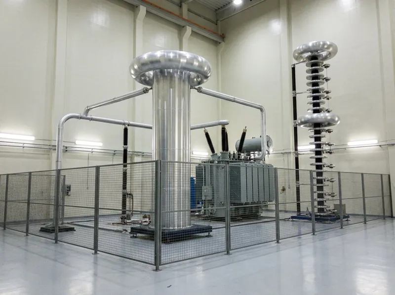 Illustrative image, not a delivered installation — a high-voltage test hall with a tall high-voltage test transformer and an impulse-generator column, a test object connected by high-voltage leads with corona grading rings, and an earthed safety cage, in a clean high-bay laboratory