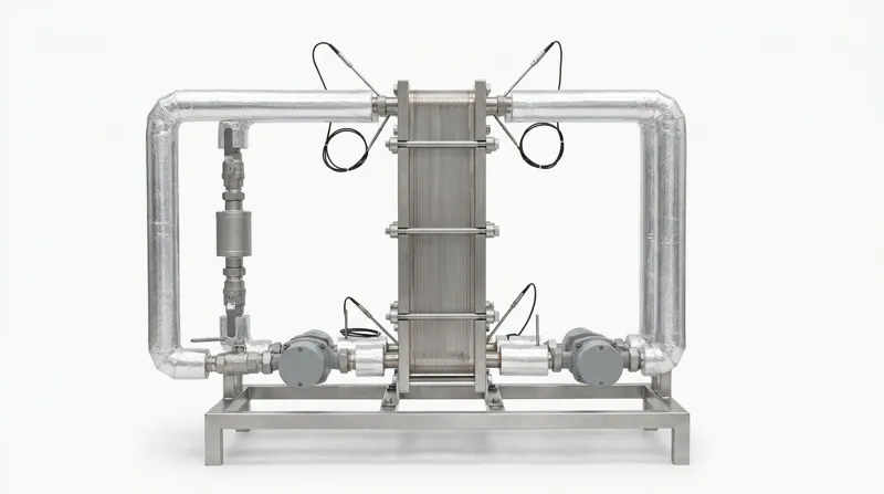 A single heat exchanger test bench on a plain white studio background: a low welded stainless steel skid frame carrying one brushed stainless steel plate heat exchanger held upright in a clamping frame, with a loop of thick silver insulated pipework on each side, each loop with a circulation pump with a grey motor, an in-line flow meter body and a lever ball valve, and thin metal-sheathed temperature probes with black leads fitted at the ports, and no people