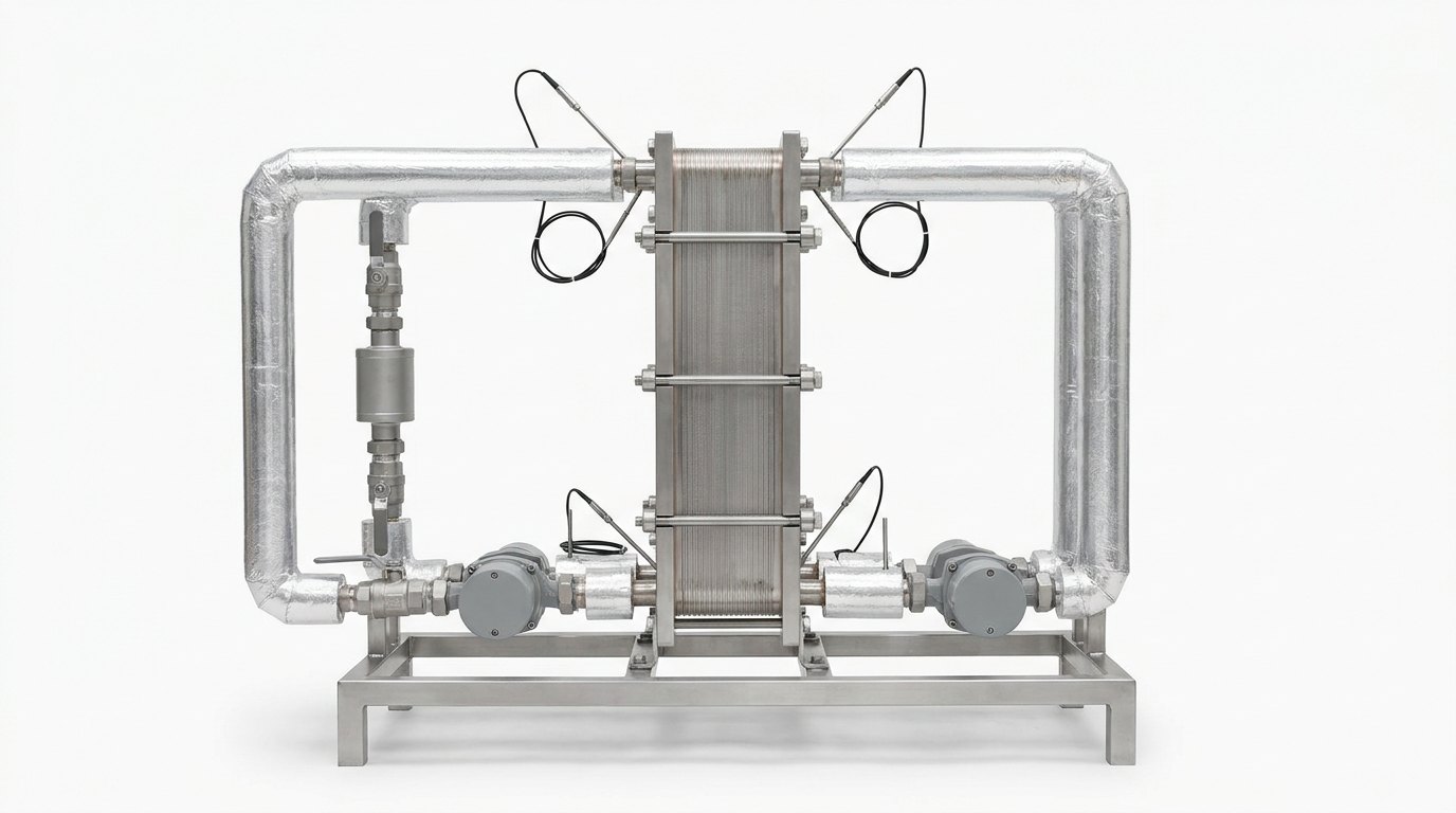 A single heat exchanger test bench on a plain white studio background: a low welded stainless steel skid frame carrying one brushed stainless steel plate heat exchanger held upright in a clamping frame, with a loop of thick silver insulated pipework on each side, each loop with a circulation pump with a grey motor, an in-line flow meter body and a lever ball valve, and thin metal-sheathed temperature probes with black leads fitted at the ports, and no people