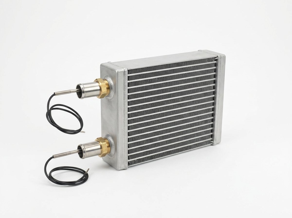 A single finned aluminium oil cooler core on a plain white studio background with two round threaded ports with brass fittings on one side, a short stainless steel pipe stub on each port holding a thin metal-sheathed temperature probe, and a plain black lead curling away from each probe, and no people