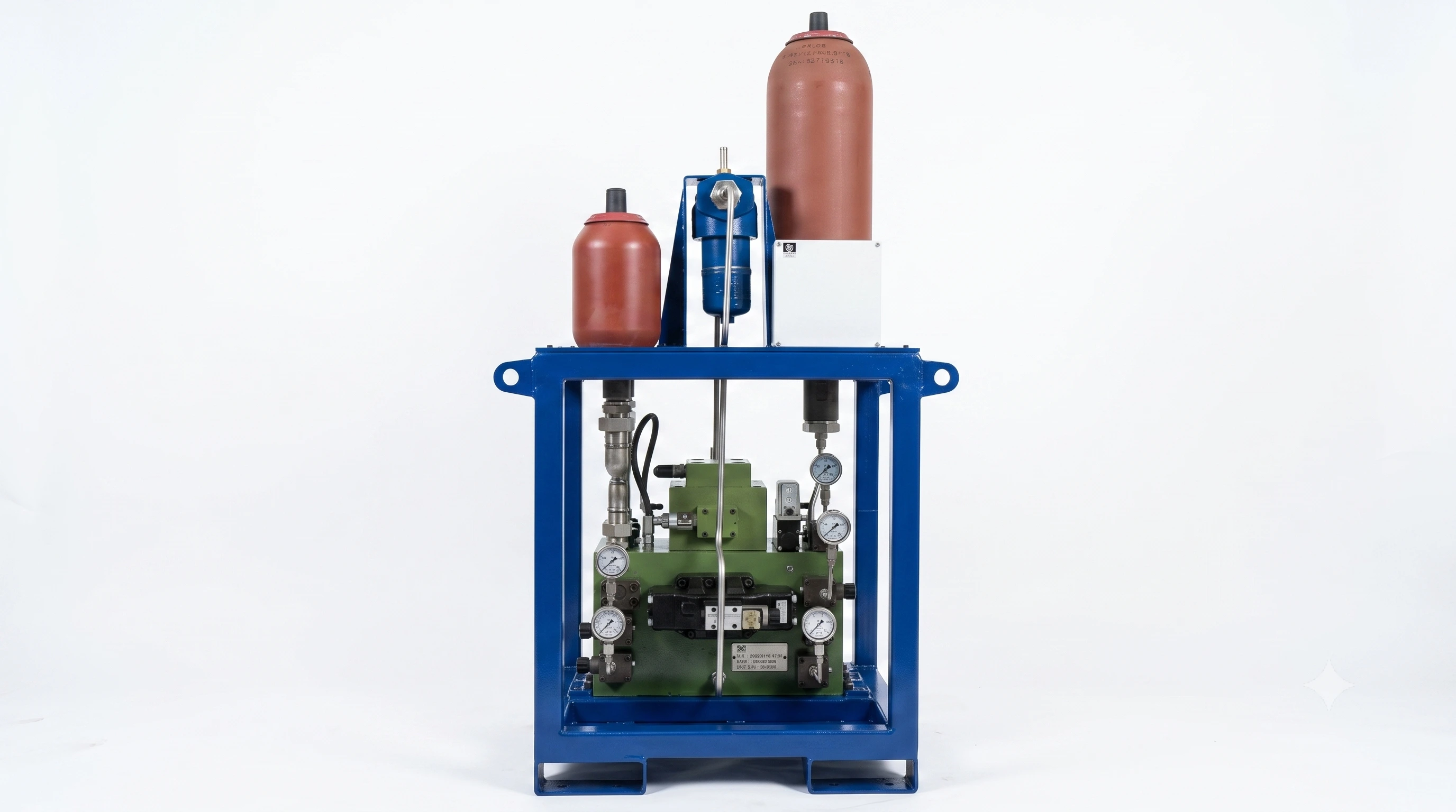 Hydraulic manifold single-block unit with pressure gauges, accumulators and control valves in blue mounting frame by Neometrix