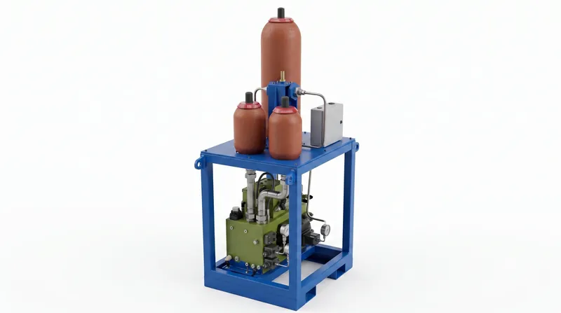 Hydraulic manifold single-block unit with pressure gauges, accumulators and control valves in blue mounting frame by Neometrix