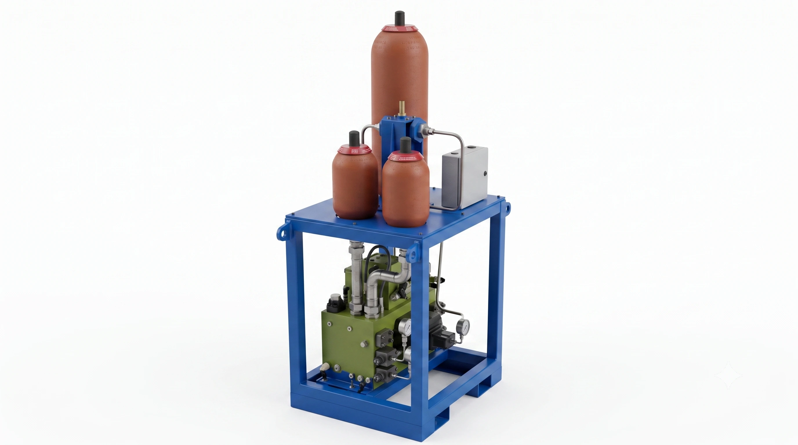 Hydraulic manifold single-block unit with pressure gauges, accumulators and control valves in blue mounting frame by Neometrix