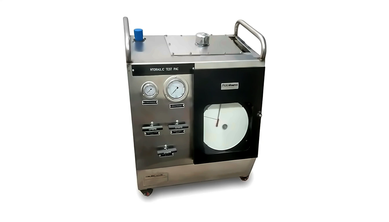 Hydraulic Test Pac control panel with air inlet and outlet pressure gauges, Bufech isolation valves and Rototherm circular chart recorder by Neometrix