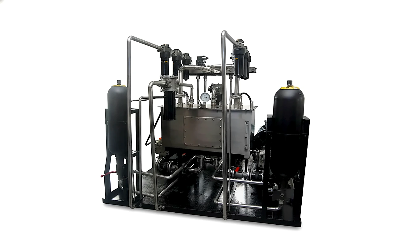 Hydraulic Test Rig HS-748 rear view - reservoir, filtration and accumulator assembly by Neometrix