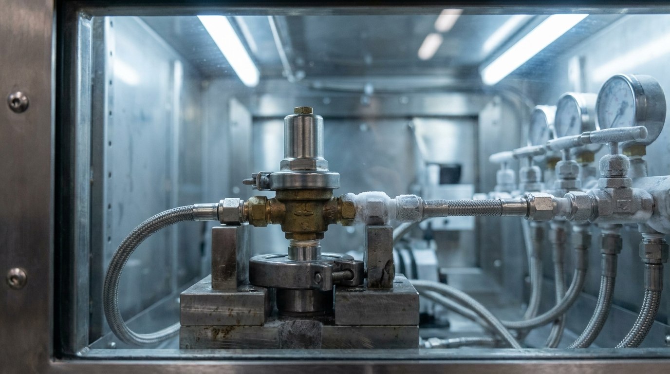 Representative render — a hydrogen component test station: a brass and stainless pressure regulator clamped in a heavy high-pressure test fixture, connected by braided stainless high-pressure tubing with compression fittings and a manifold of valves and pressure gauges, light frost on the cold fittings