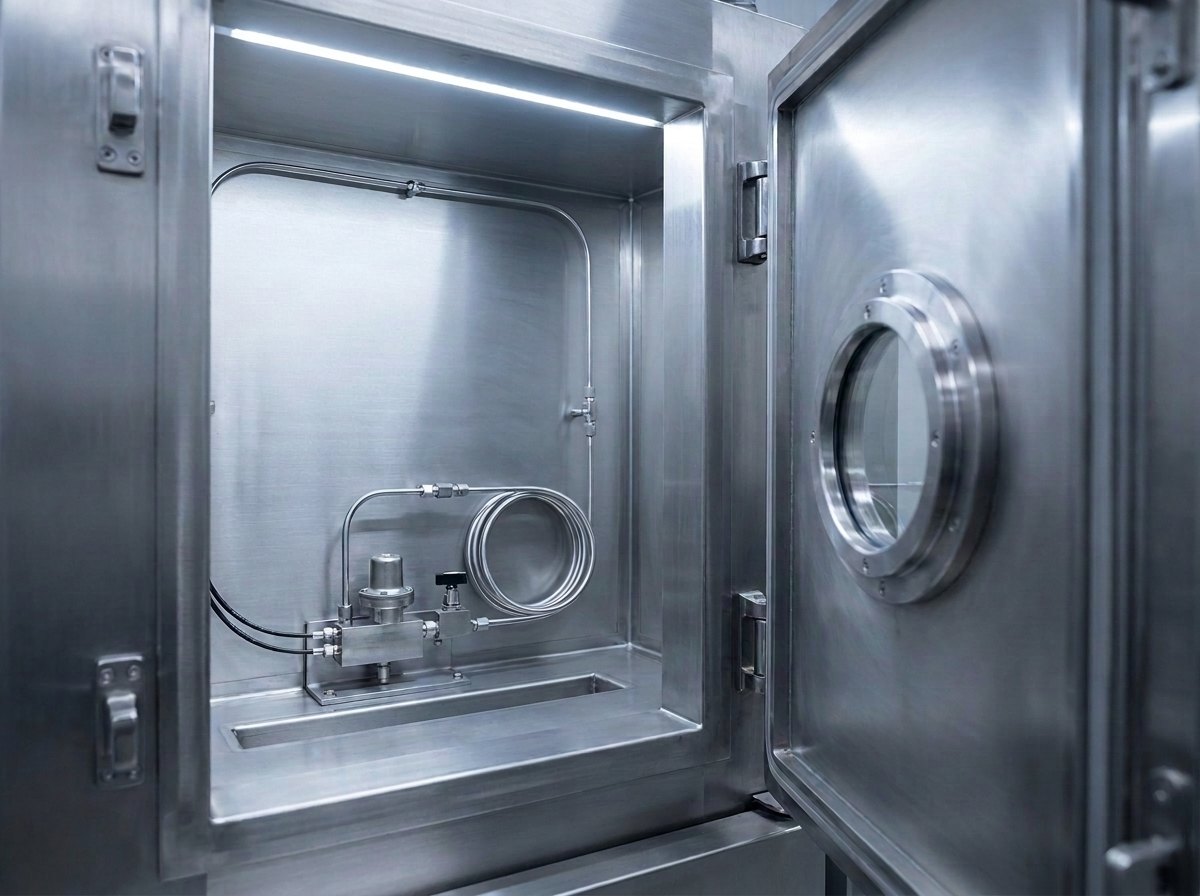 Representative render — inside a single blast-rated stainless-steel test chamber: small hydrogen fuel-system components fixtured to a manifold with high-pressure tubing and instrumentation lines, seen through the open chamber front