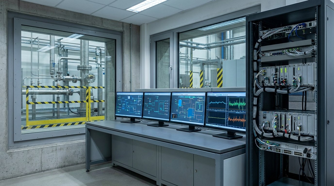 Representative render — a hydrogen test-facility control room: an operator console with widescreen monitors showing process schematics and test plots, a PLC and data-acquisition rack with cable looms, and an armoured window looking into a high-pressure test cell with stainless tubing and hazard striping beyond