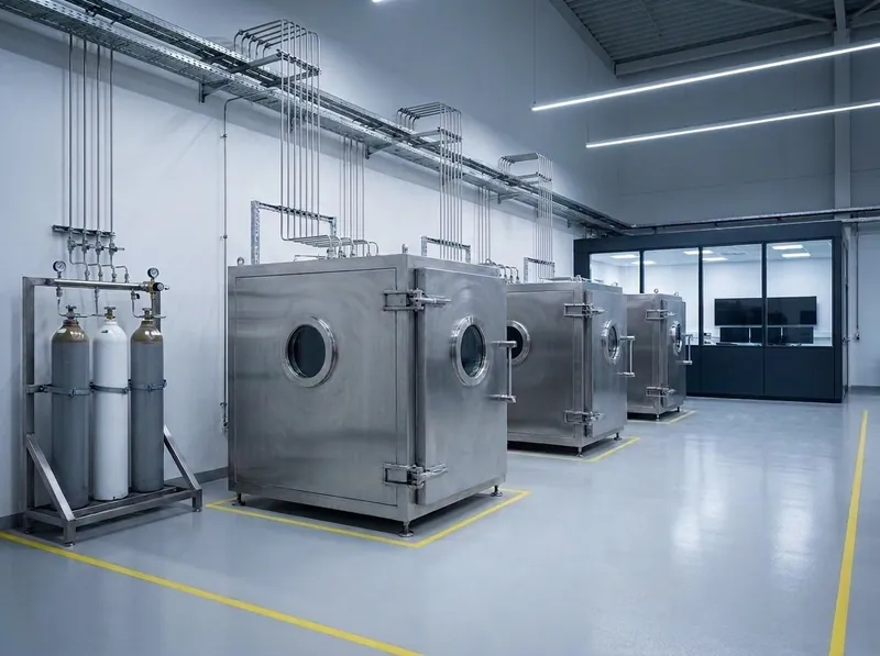 Representative render — hydrogen components testing facility: a row of blast-rated stainless-steel test chambers with circular viewing ports, high-pressure gas panels and tubing runs