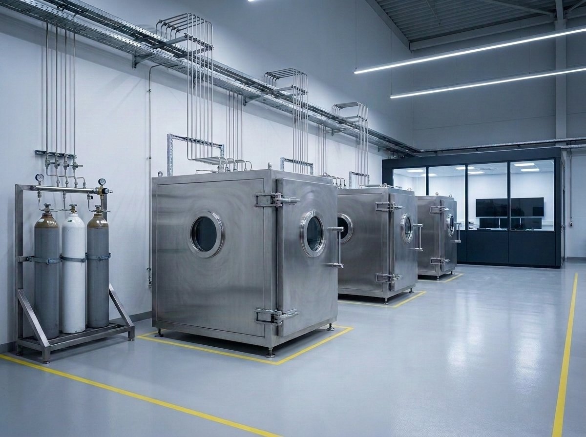 Representative render — hydrogen components testing facility: a row of blast-rated stainless-steel test chambers with circular viewing ports, high-pressure gas panels and tubing runs, skid-mounted gas cylinders and a glazed control room in an industrial test hall