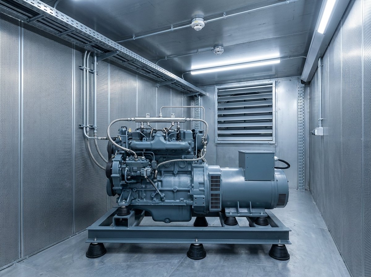 Representative render — inside the hydrogen engine test cell: grey-blue industrial diesel engine with stainless hydrogen port-injection rail, direct-coupled alternator on anti-vibration mounts, perforated acoustic lining and ceiling-mounted hydrogen detectors