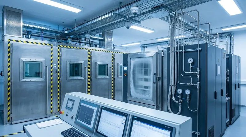 Representative render — a high-pressure hydrogen component test facility: a row of stainless-steel high-pressure test cells with armoured windows and yellow-and-black hazard striping, an environmental thermal chamber, high-pressure gas boosters with braided tubing and gauges, and an operator control console