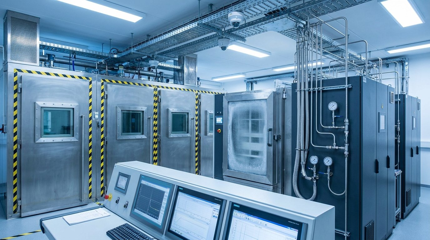 Representative render — a high-pressure hydrogen component test facility: a row of stainless-steel high-pressure test cells with armoured windows and yellow-and-black hazard striping, an environmental thermal chamber, high-pressure gas boosters with braided tubing and gauges, and an operator control console