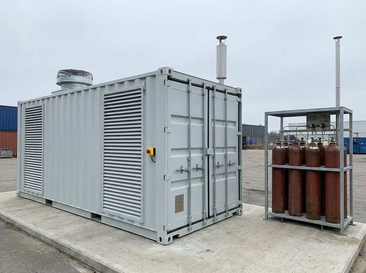 Representative render — containerised hydrogen engine test bench: grey twenty-foot container with ventilation louvres, roof fan and exhaust silencer stack, external emergency stop, and a separate manifolded rack of 300 bar hydrogen cylinders with vent mast
