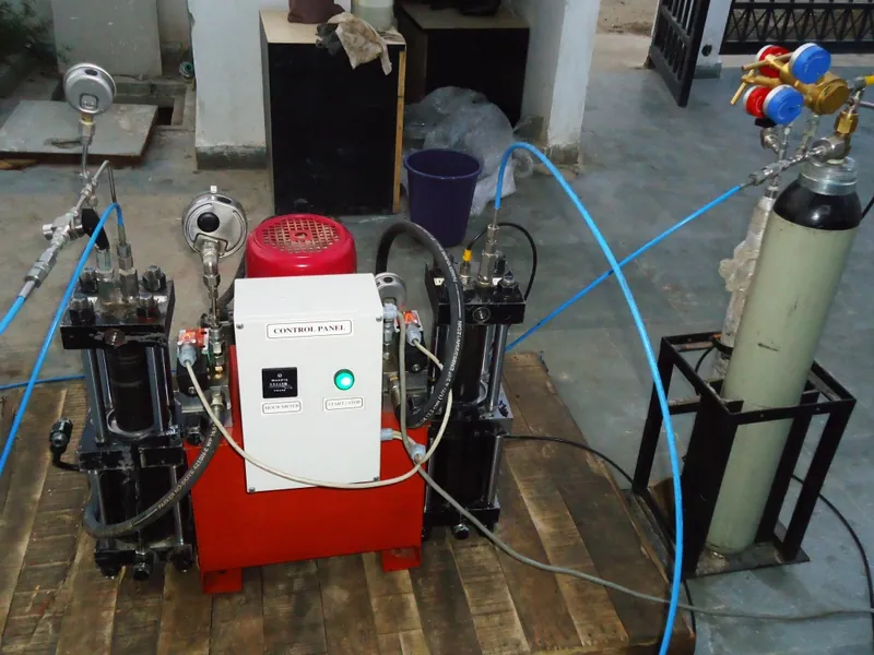 Neometrix Hydrostatic Test Bench — pump skid, control panel and gas cylinder booster assembly