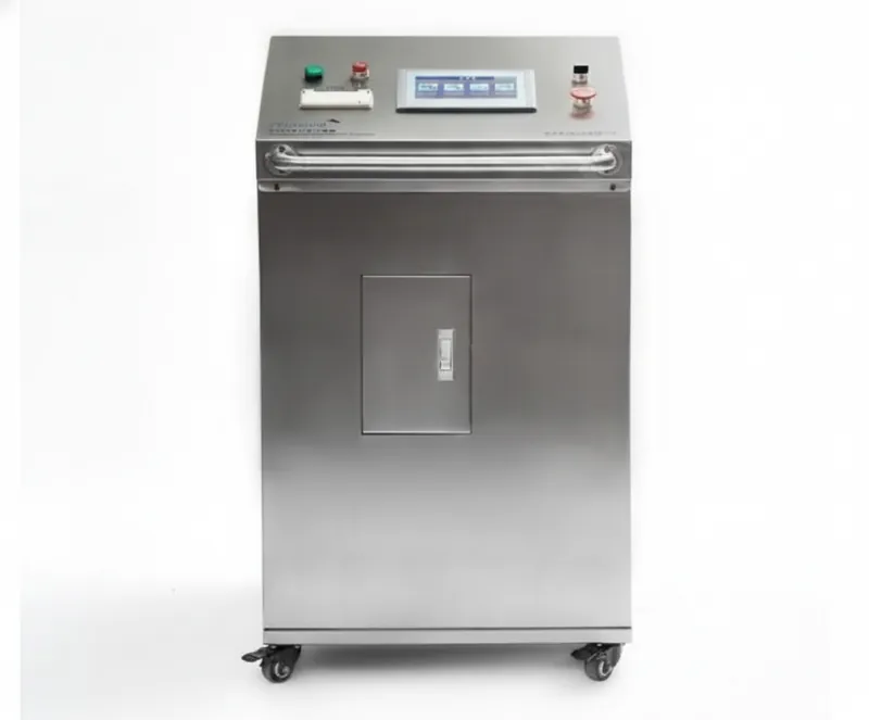 Neometrix Hypoxic Gas Generator console — stainless steel cabinet with touchscreen HMI, digital flow and purity display, mobile castors