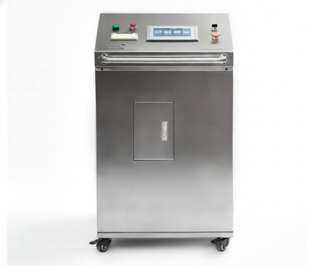 Neometrix Hypoxic Gas Generator console — stainless steel cabinet with touchscreen HMI, digital flow and purity display, mobile castors