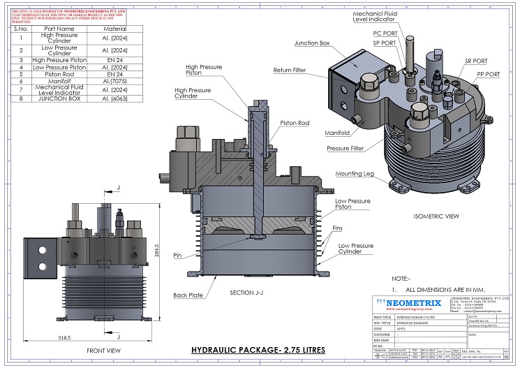 Integrated aircraft hydraulic reservoir intensifier and control module engineering drawing - 2.75 litres hydraulic package dimensioned technical sheet by Neometrix
