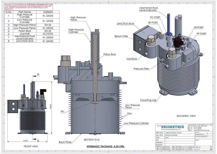 Integrated aircraft hydraulic reservoir intensifier and control module engineering drawing - 4.25 litres hydraulic package dimensioned technical sheet by Neometrix