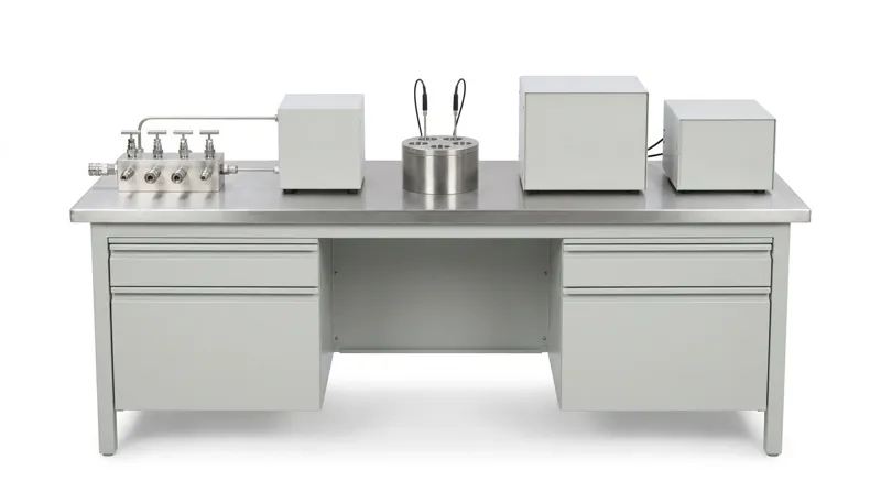 An instrument calibration bench on a plain white studio background: a long low pale grey steel workbench with a stainless steel worktop and two drawer units below, and on the worktop a stainless pressure manifold with four valves and quick-connect fittings joined by a thin tube to a grey controller box, a stainless dry block with two thin probes standing in its holes, and two plain grey instrument boxes joined by black cables, and no people