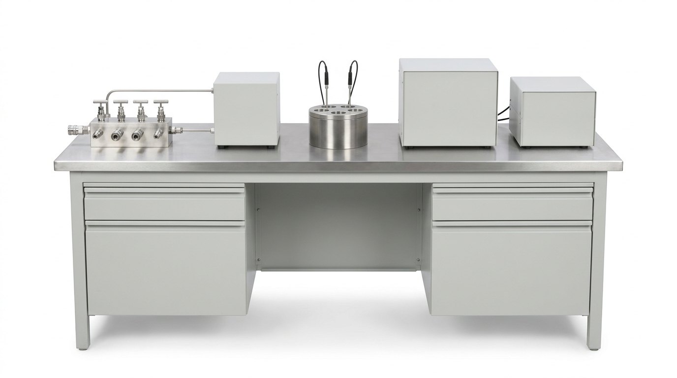 An instrument calibration bench on a plain white studio background: a long low pale grey steel workbench with a stainless steel worktop and two drawer units below, and on the worktop a stainless pressure manifold with four valves and quick-connect fittings joined by a thin tube to a grey controller box, a stainless dry block with two thin probes standing in its holes, and two plain grey instrument boxes joined by black cables, and no people