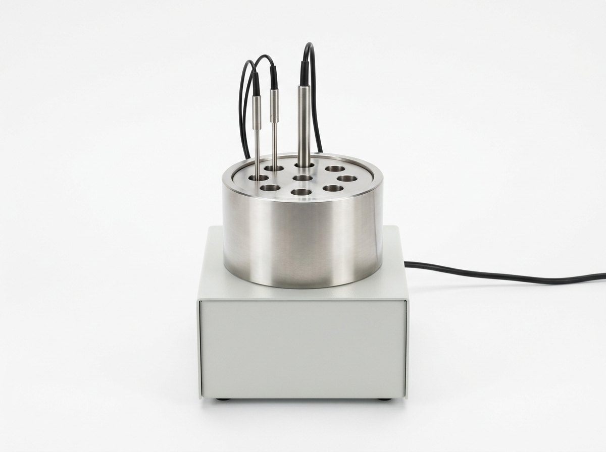 A dry-block temperature calibrator on a plain white studio background: a short stainless steel cylinder block with nine round holes in its top face, two thin sensor probes with black cables standing in neighbouring holes and a thicker reference probe beside them, on a plain grey base box with a black power cable, and no people