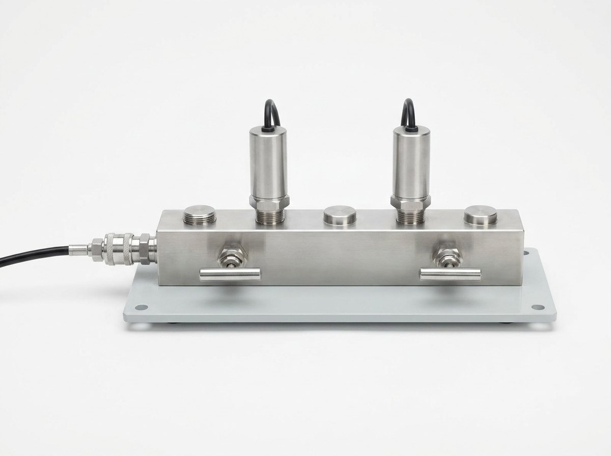 A pressure test manifold on a plain white studio background: a stainless steel block lying on a grey base plate with five ports on top, two plain stainless pressure transmitters with short black cables on two of them and the others capped, two valves with straight lever handles on the front and a quick-connect fitting with a black hose at one end, and no people